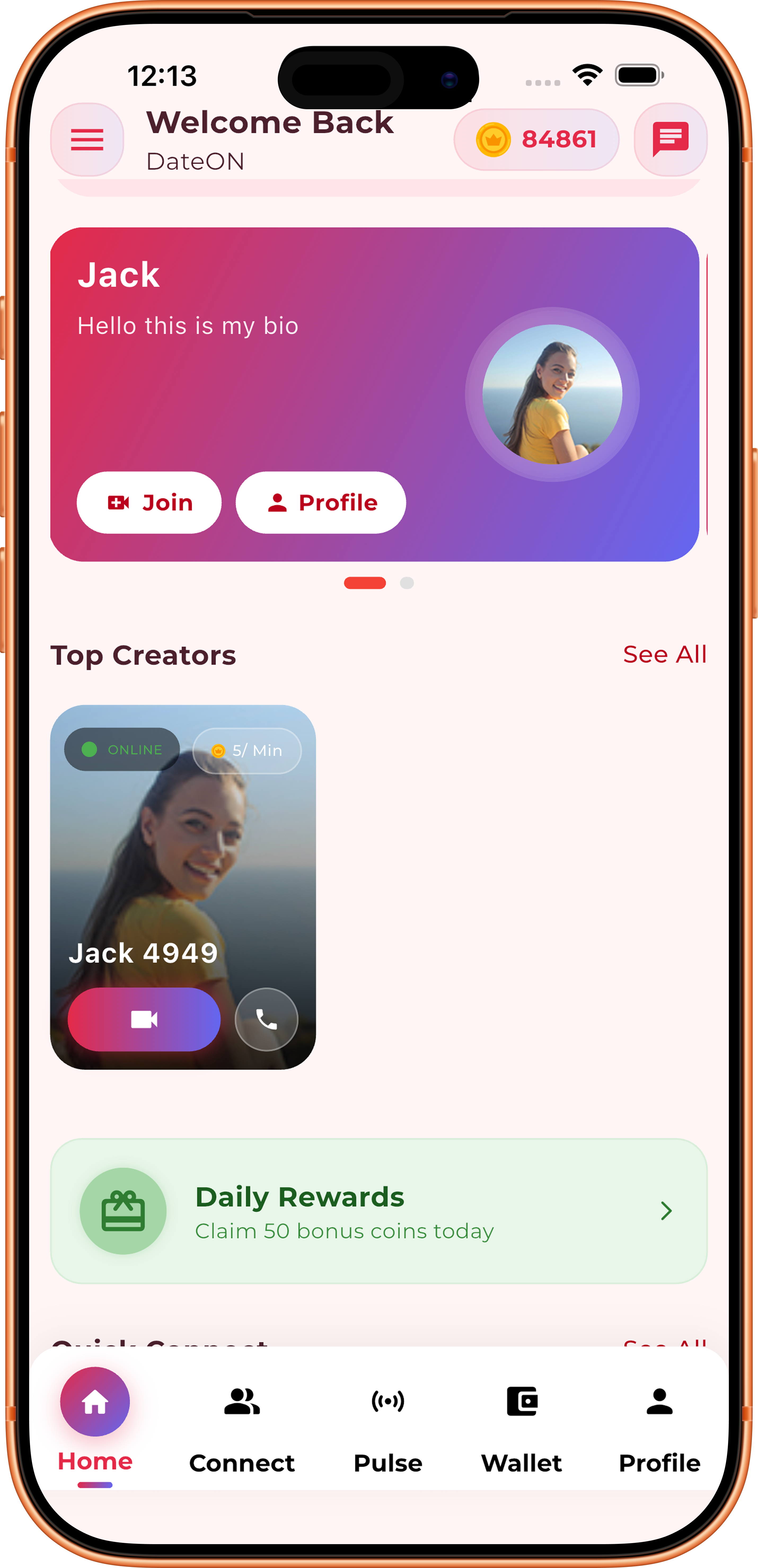 DateON Home Screen